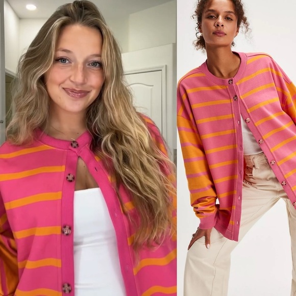 FREE PEOPLE NWT Classic Stripe Cardigan in Orange Combo S - Picture 1 of 9